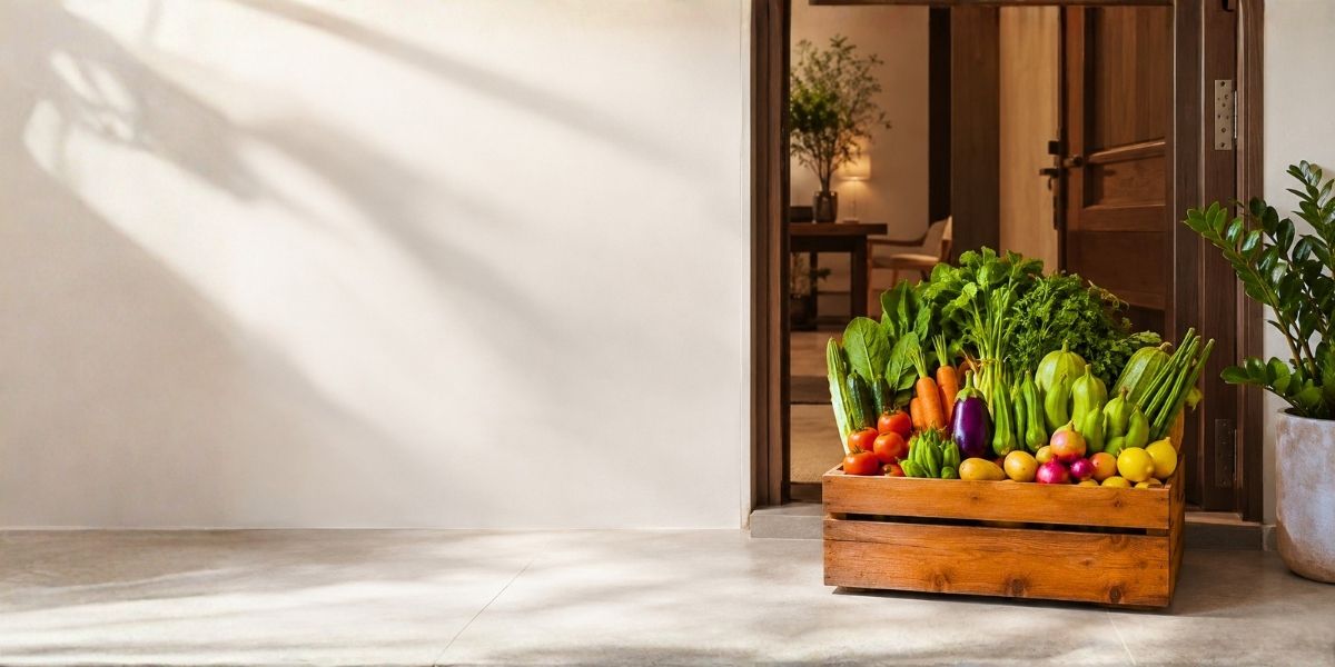 A wooden harvest crate filled with fresh produce at the entrance of a modern Singapore home