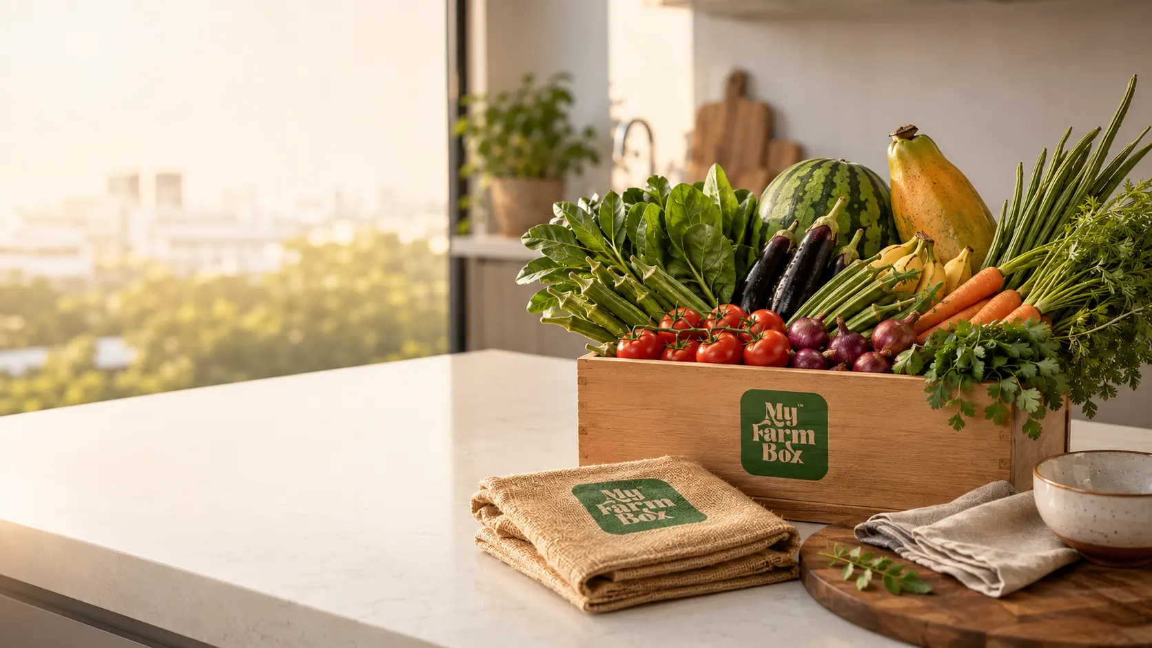 Fresh vegetables arranged for a MyFarmBox Singapore harvest